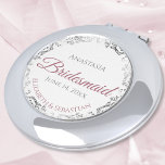 Espejo Compacto Regalo de la dama de honor Elegante Rosa y encaje<br><div class="desc">Estos espejos compactos están diseñados para dar como favores a las damas de honor en tu fiesta de boda. Presentan un diseño sencillo y elegante con fondo blanco, subió polvorientos o letras de guijarros color rosa malva y un Relieve metalizado gris plateado con un borde de encaje floral. ¡Una forma...</div>