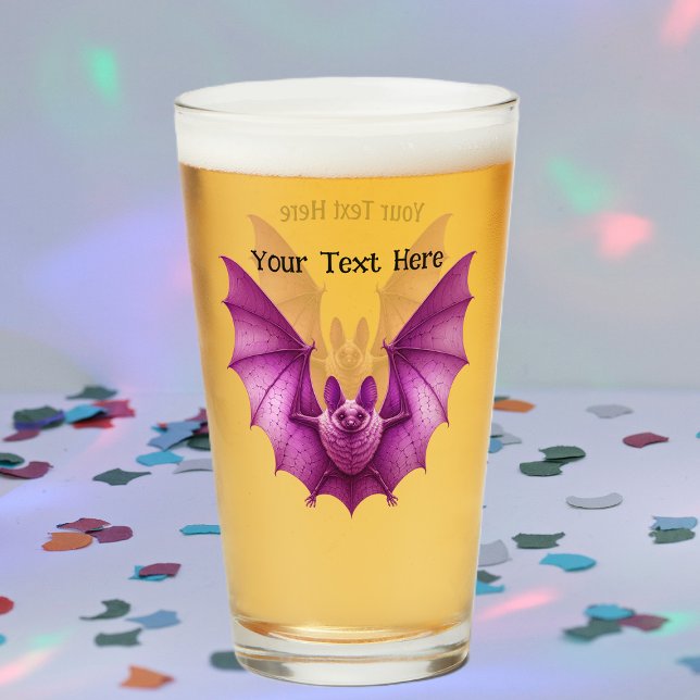 Espeluznante Furia Vibrante Alas De Murciélago Ros (Vibrant spooky pink furry bat wings spread in flight on glass drinking tumbler.)