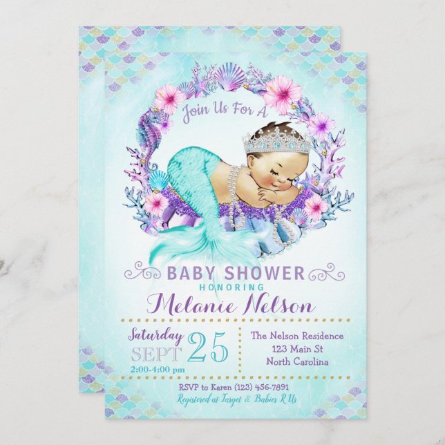 Espoleta de invitación a Baby Shower para sirenas (Anverso / Reverso)