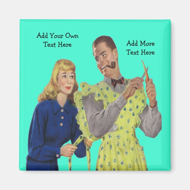 Esposa atando el divertido imán retro de su marido (Frente)