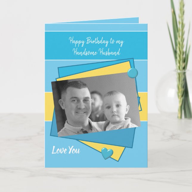 Esposo guapo en tu tarjeta de fotos azul de cumple (Anverso)