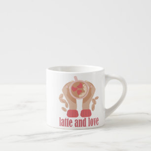 Espresso Latte y taza de amor, manos y cita de café