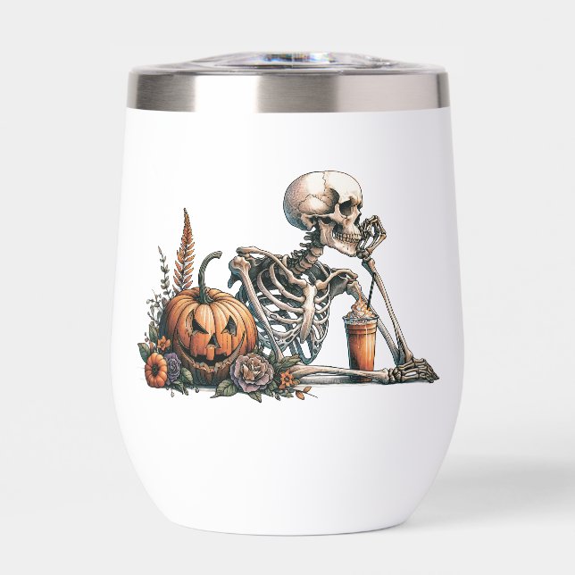 Esqueleto con calabaza y bebida. Halloween (Frente)
