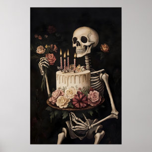 Esqueleto con impresión de pastel y flores, Feliz
