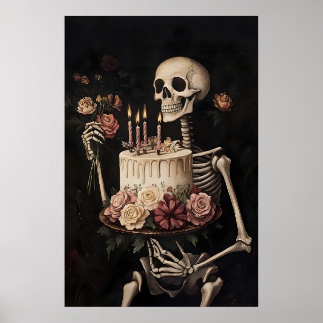 Esqueleto con impresión de pastel y flores, Feliz (Frente)