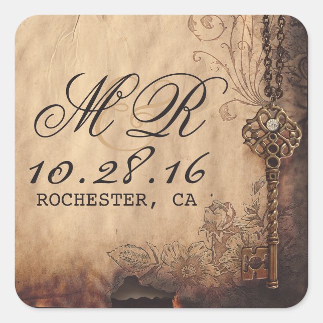 esqueleto de pegatinas de bodas vintage clave (Anverso)