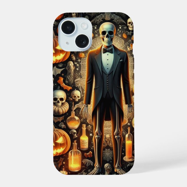 Esqueleto en Tuxedo, calabazas, pociones (Reverso )
