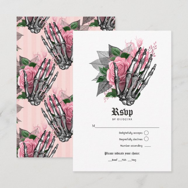 Esqueleto floral rosado Invitación a la boda gótic (Anverso / Reverso)