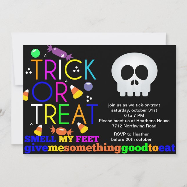 Esqueleto y dulces de la invitación a la fiesta de (Anverso)