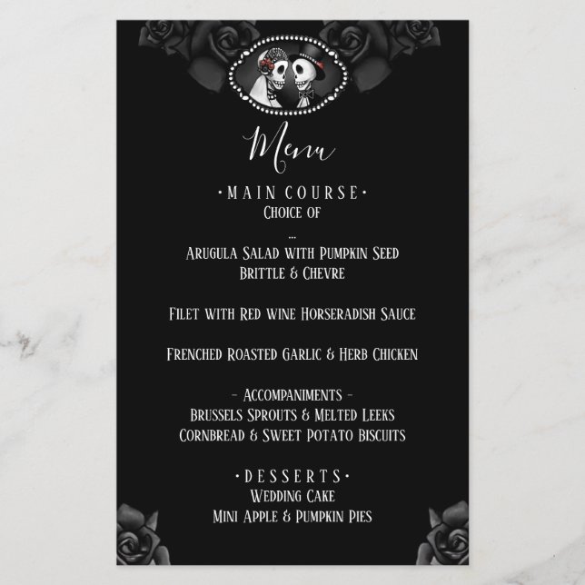 Esqueletos Bodas blancos y negros Menú Rosa negro (Anverso)
