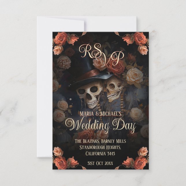 Esqueletos de besos góticos Boda espeluznante RSVP (Anverso)