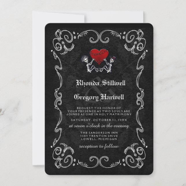 Esqueletos de Halloween de la boda y invitación (Anverso)