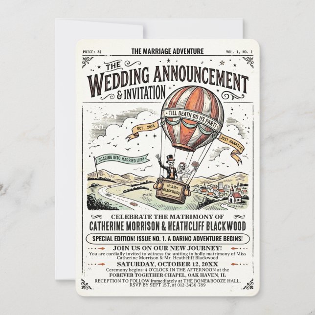 Esqueletos en invitación de boda en globo aerostát (Anverso)