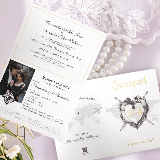 Esqueletos góticos Foto de pasaporte Invitación a  (Elegant Gothic Skeleton Passport Wedding Invitation with RSVP QR Code and Wedding Website Address)