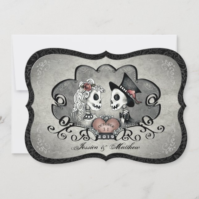 Esqueletos Invitación a la Boda Gris en el Corazón (Anverso)