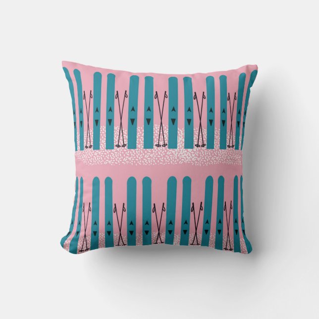 Esquí azul sobre almohada de tiro rosa (Anverso)