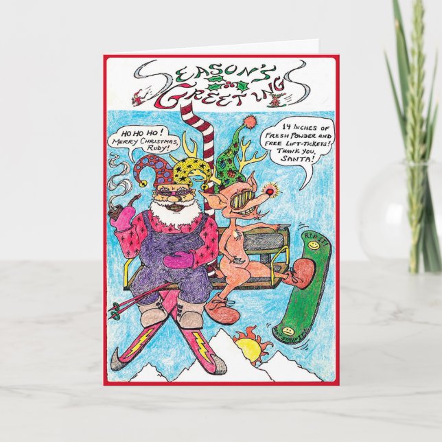 Esquí de Santa de la tarjeta de Navidad del dibujo (Anverso)