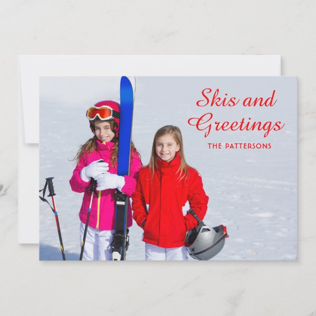 Esquíes y saludos Foto personalizada | NAVIDADES (Anverso)