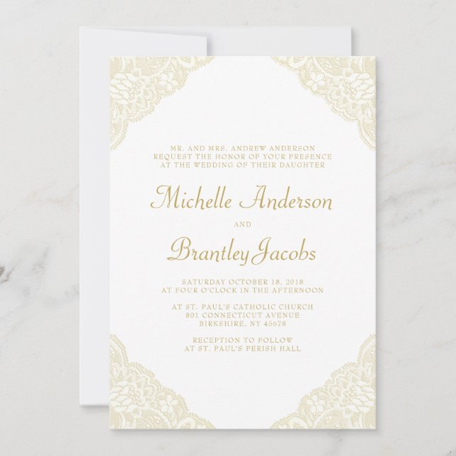 Esquinas de encaje dorado Elegante Invitación de b (Anverso)