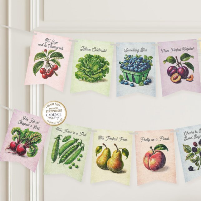 Está fresca la pancarta de la manada de novias del (She's Off the Market Bridal Shower Bunting with fruits and vegetables and clever love-themed puns)