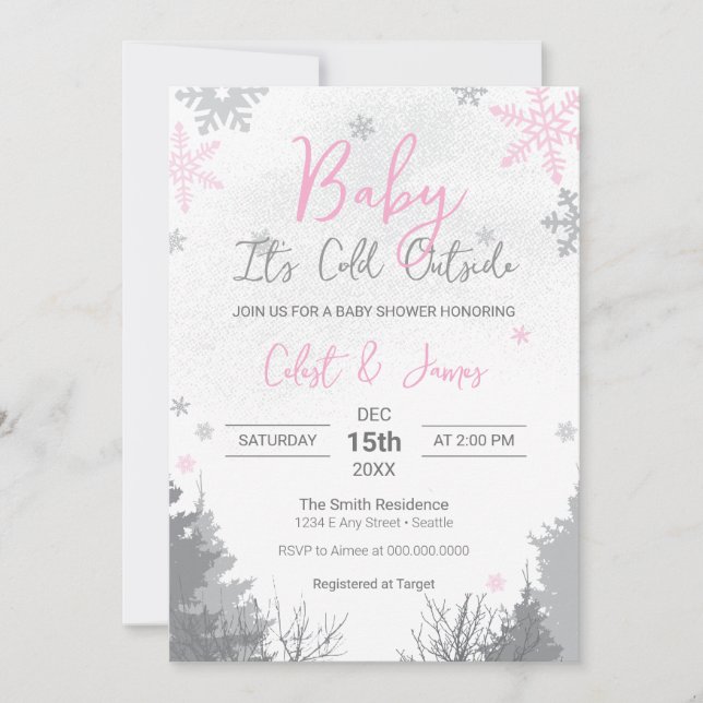 Está frío fuera de la invitación rosa de Baby Show (Anverso)