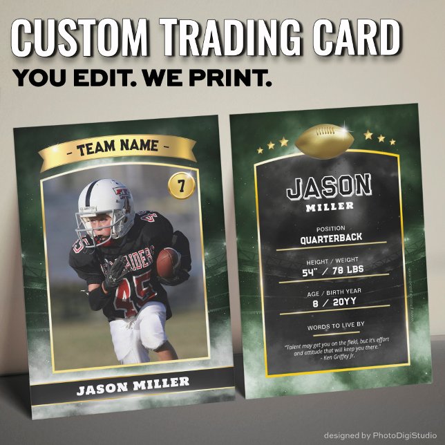 Estadio de Oro Verde con tarjeta de personalizado  (Custom Trading Card Black, Editable Football Trading Card, Modern Green Gold Stadium Design)