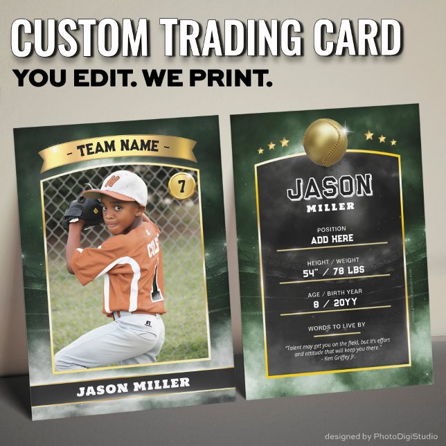 Estadio de Oro Verde con tarjeta de personalizado  (Custom Trading Card, Editable Baseball Trading Card, Modern Green Gold Stadium Design)
