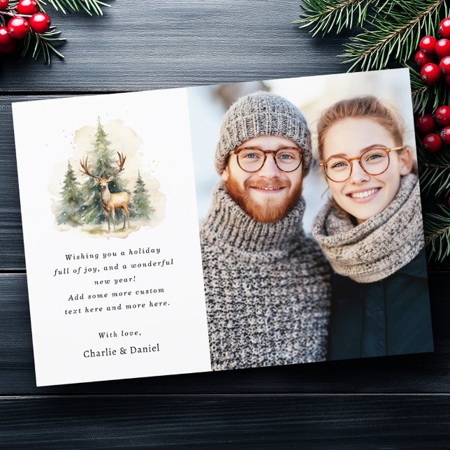 Estadio y árboles de Navidad acuarela foto (Stag and Christmas trees watercolor photo Holiday Card)