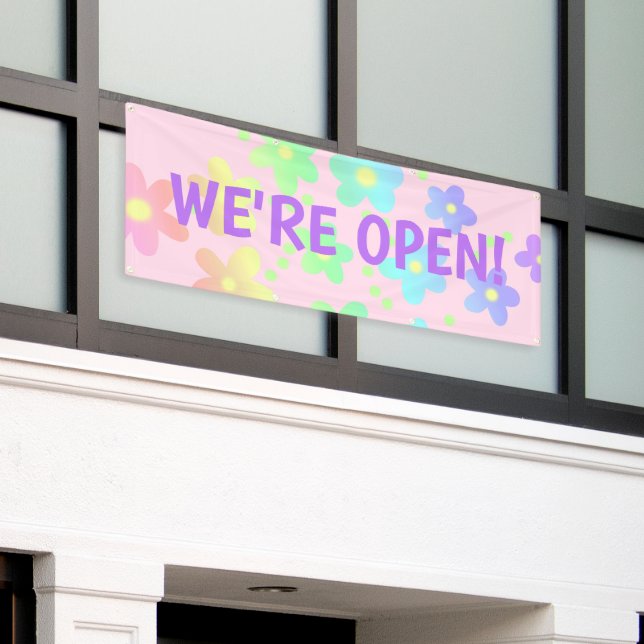 ¡ESTAMOS ABIERTOS! Pancarta de las flores del arco (Edificio exterior)