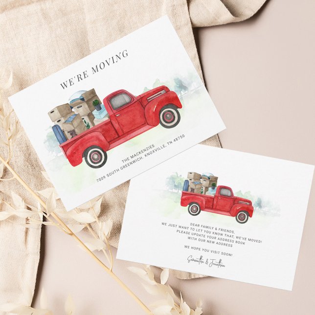 Estamos moviendo la Invitación del Camión Rojo (We Have Moved Watercolor Red Truck Moving Announcement)