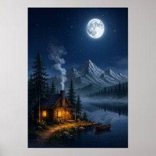 Estampa de arte de escena nocturna de cabaña en la