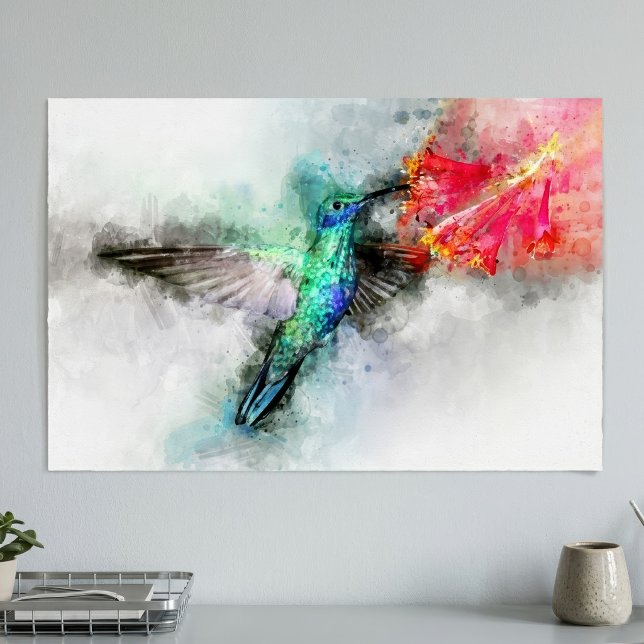 Estampa de Arte Floral de Acuarela de Colibrí Vibr (Vibrant Hummingbird Watercolor Floral Art Print. Poster)