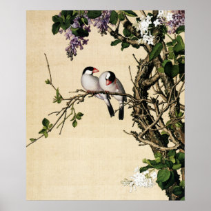 Estampa de arte vintage de chinoiserie con lilas y