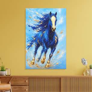 Estampa en lienzo de caballo dorado azul real