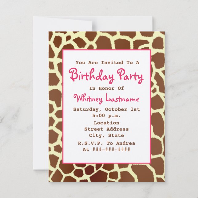 Estampado de girafa y invitación rosada de la (Anverso)