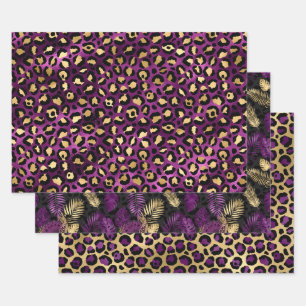Estampado de leopardo morado con hojas tropicales