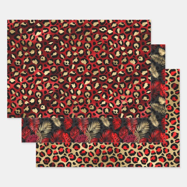 Estampado de leopardo rojo con hojas tropicales do (Set)