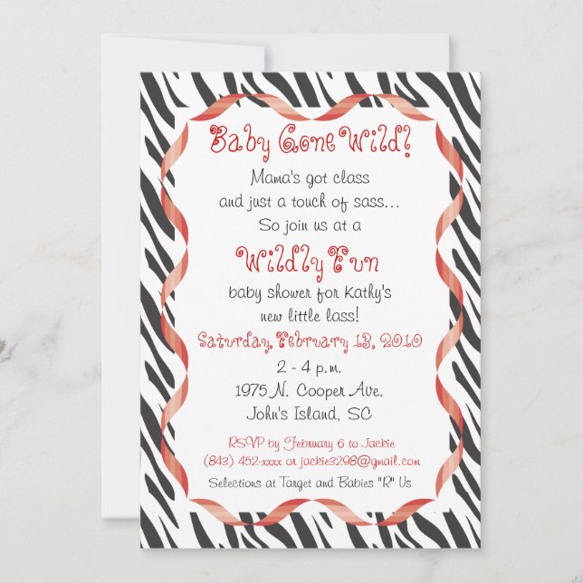 Estampado de zebra y invitación roja de Baby (Anverso)