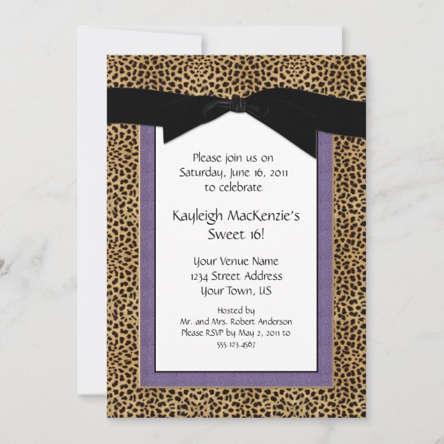 Estampado leopardo e invitación púrpura del dulce (Anverso)
