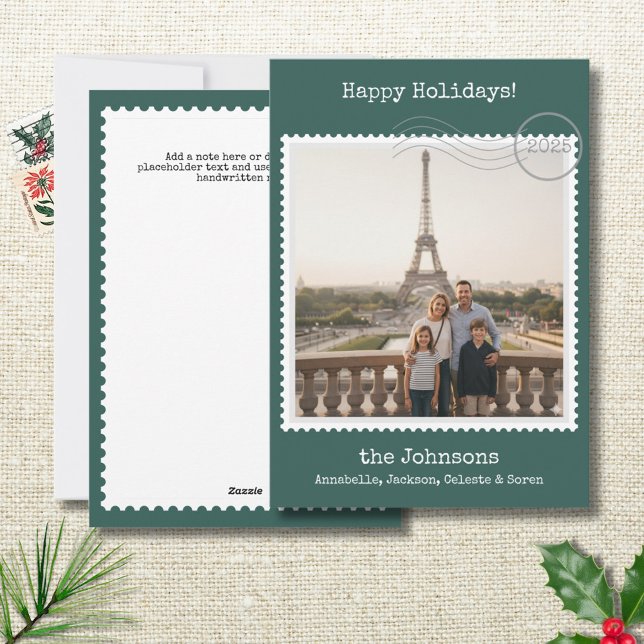 Estampilla de rehenes, foto de tarjeta de vacacion (Nostalgic personalized photo holiday card with postage stamp border on green. Add a note to the back)