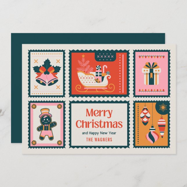 Estampillas coloridas Feliz Saludo de Navidad (Anverso / Reverso)