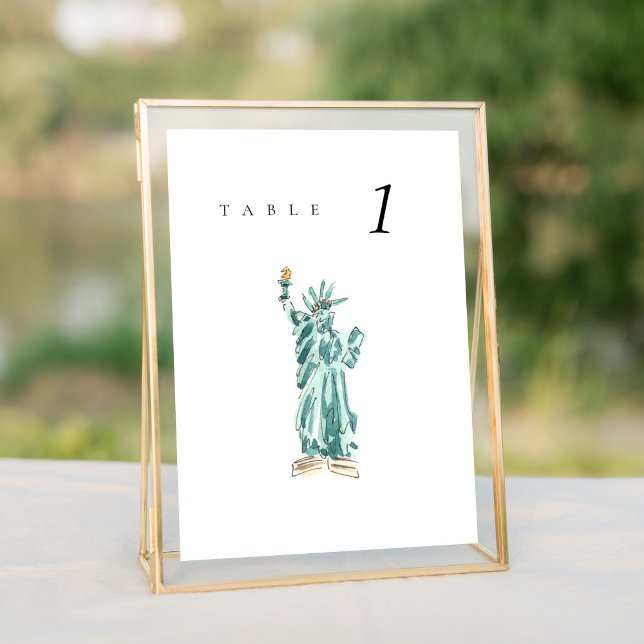 Estatua de la Libertad Número de la Mesa del Boda  (Watercolor Statue of Liberty New York City Skyline wedding table number sign.)