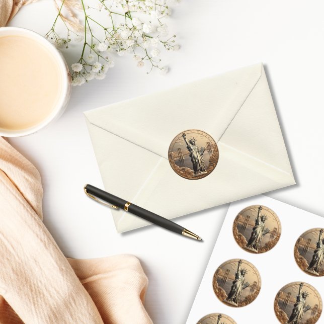 Estatua de oro del Sello para sobres de monedas de (Statue of Liberty Gold Coin Envelope Seal Sticker)