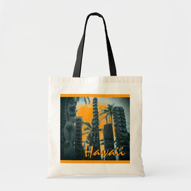 Estatuas de tiki de Hawaii naranja bolsa reutiliza (Frente)