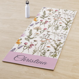 Esterilla De Yoga Acuarela de flor silvestre morada rosa con nombre 