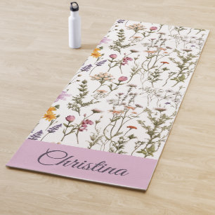 Esterilla De Yoga Acuarela de flor silvestre morada rosa con nombre