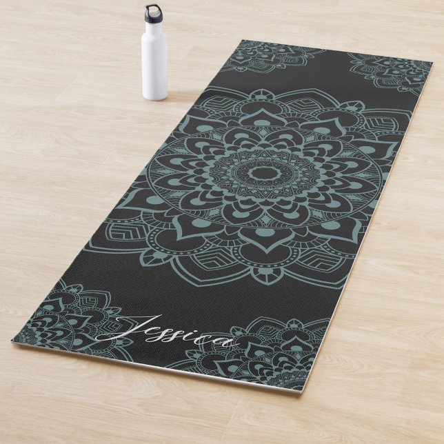 Esterilla De Yoga Aqua Turquoise & Black Mandala w Calligraphy Name (Subido por el creador)