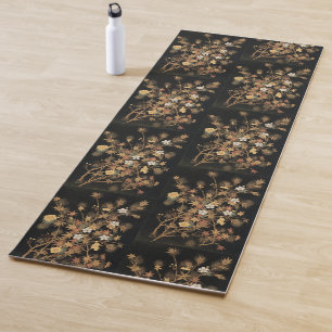 Esterilla De Yoga Arte Floral de Otoño Vintage Japonés Negro Dorado