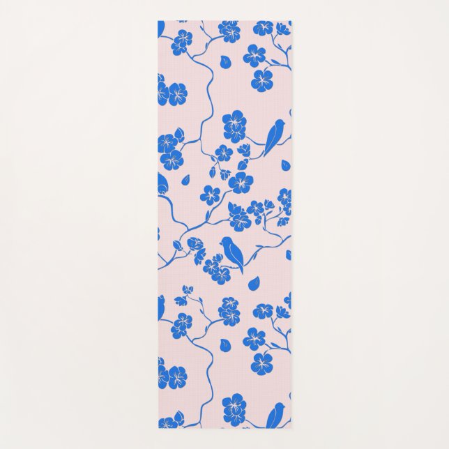 Esterilla De Yoga Aves con flores de cerezo azules en Rubor (Anverso)