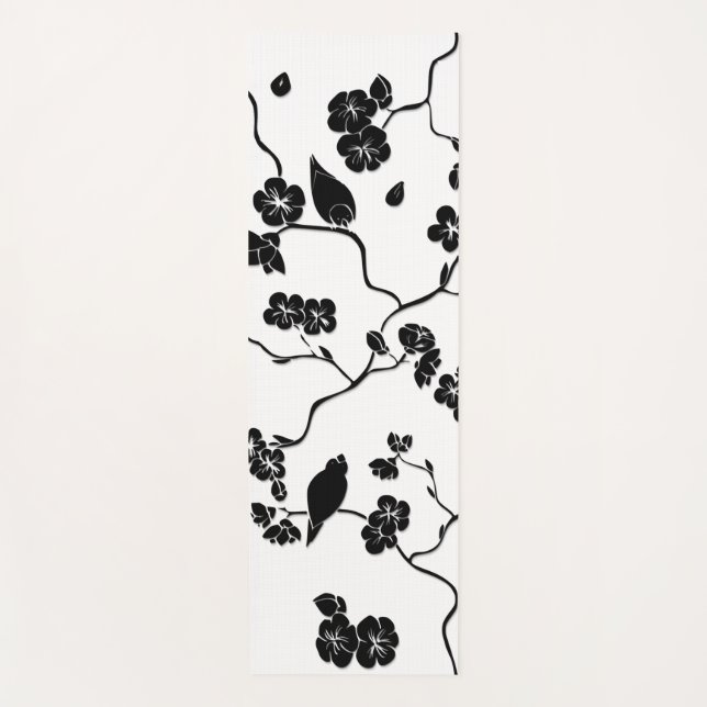 Esterilla De Yoga Aves con motivos blancos y negros en flores de cer (Anverso)